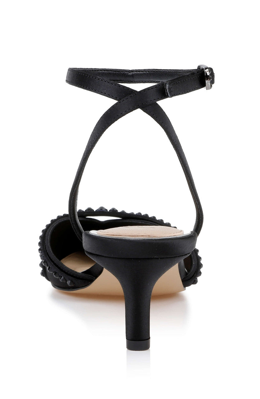 Black Satin | Indra Ankle Strap Pump Back