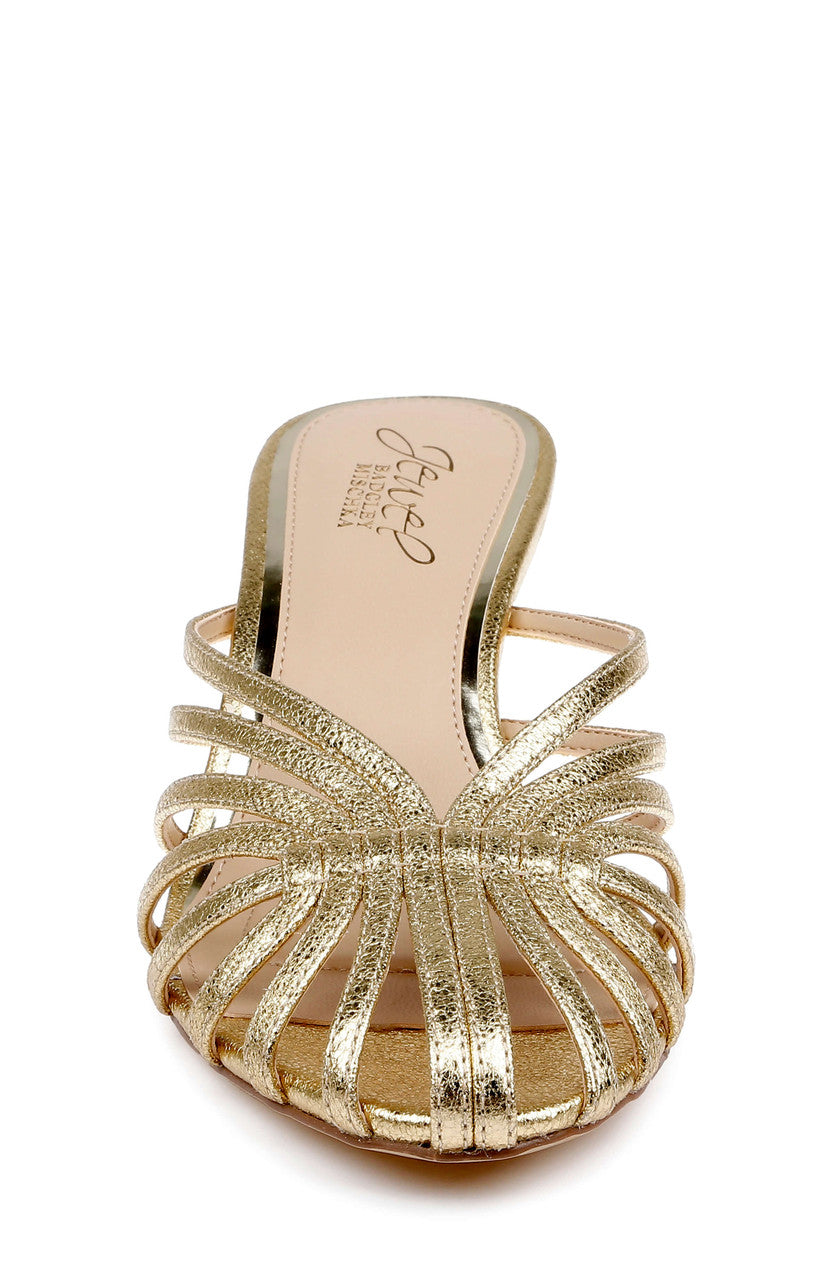 Gold Textile | Ilaria Caged Stiletto Mule Front