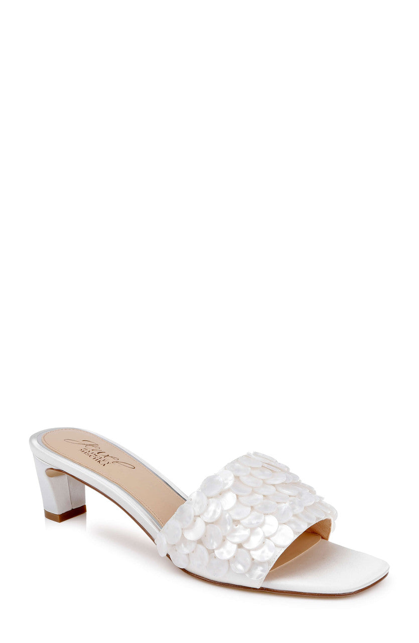 Ivory Satin | Pacific Heeled Mule Sandal Front Side