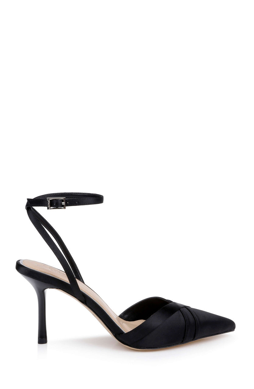 Black Satin | Parklyn Pointed Toe Ankle Strap Pump Side