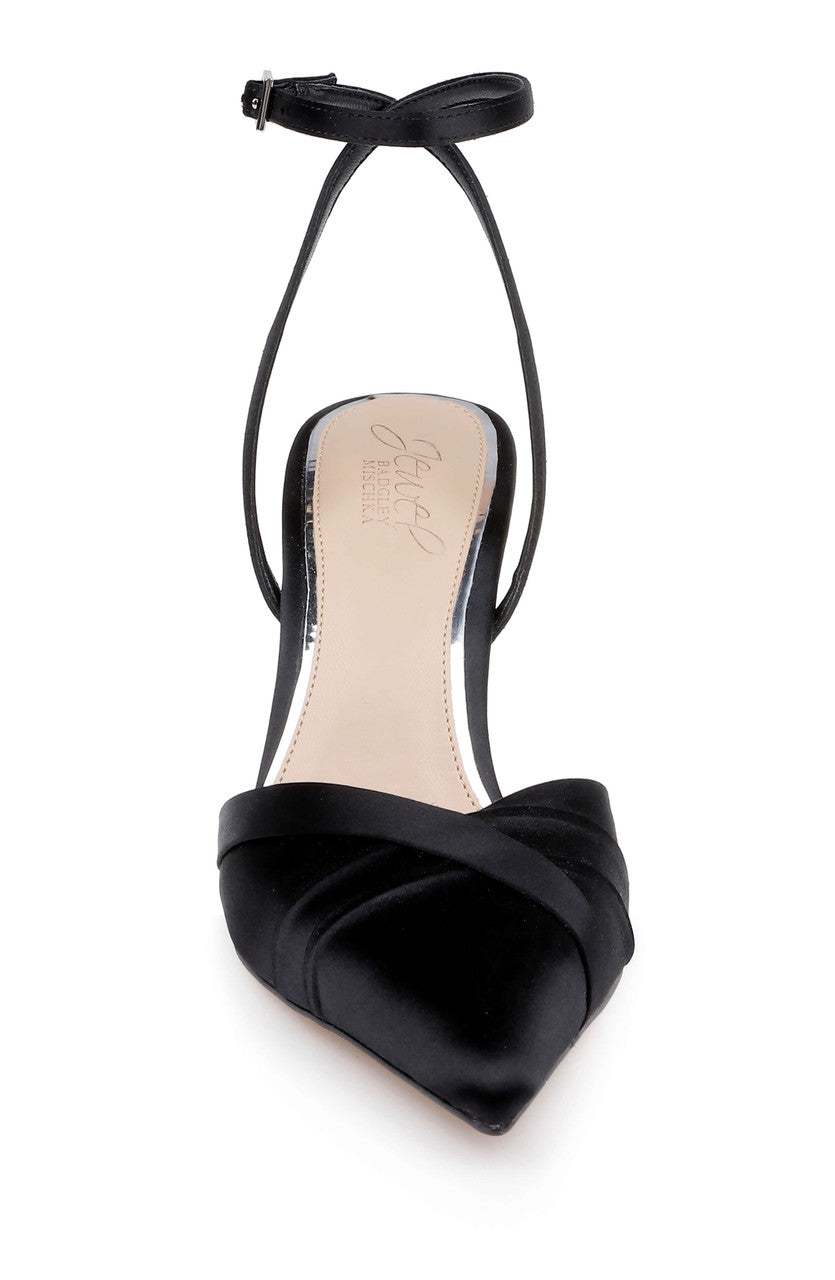 Black Satin | Parklyn Pointed Toe Ankle Strap Pump Front