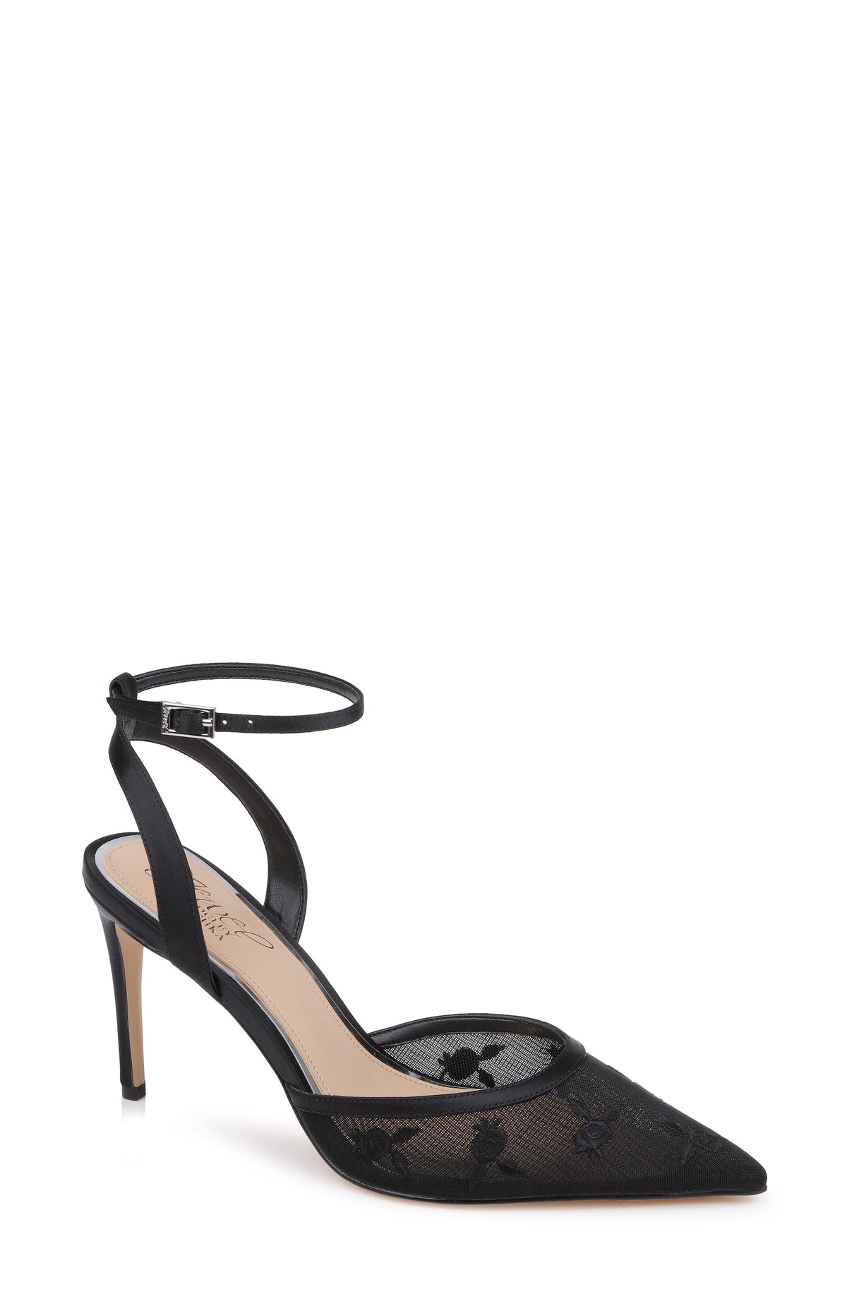 Black Satin | Zaida Pointed Toe Ankle Strap Pump Front Side