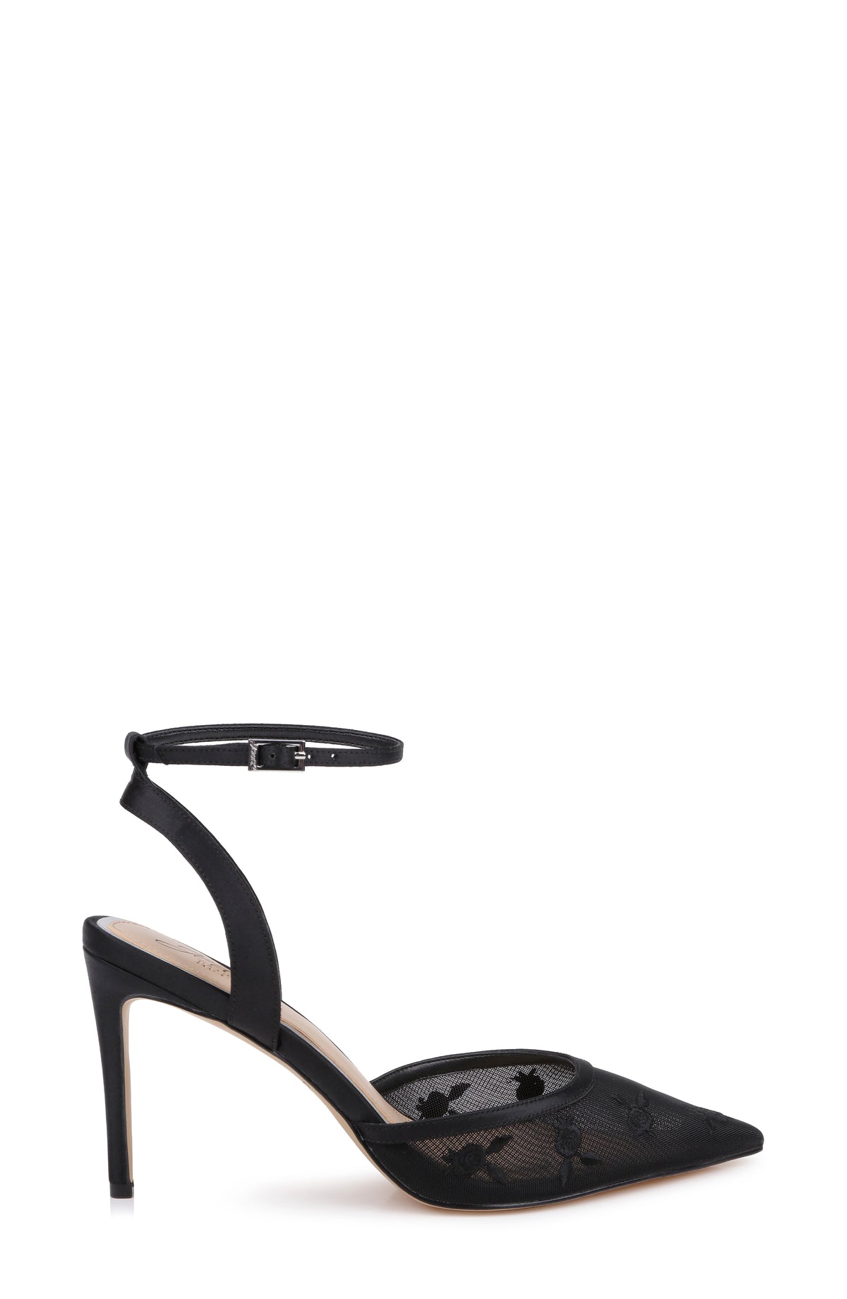 Black Satin | Zaida Pointed Toe Ankle Strap Pump Side