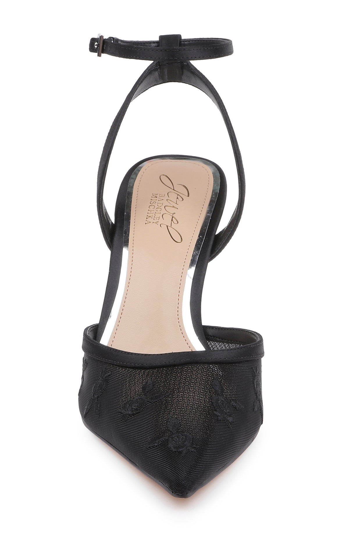 Black Satin | Zaida Pointed Toe Ankle Strap Pump Front