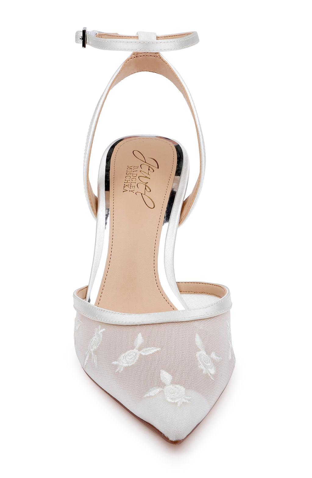 Ivory Satin | Zaida Pointed Toe Ankle Strap Pump Front