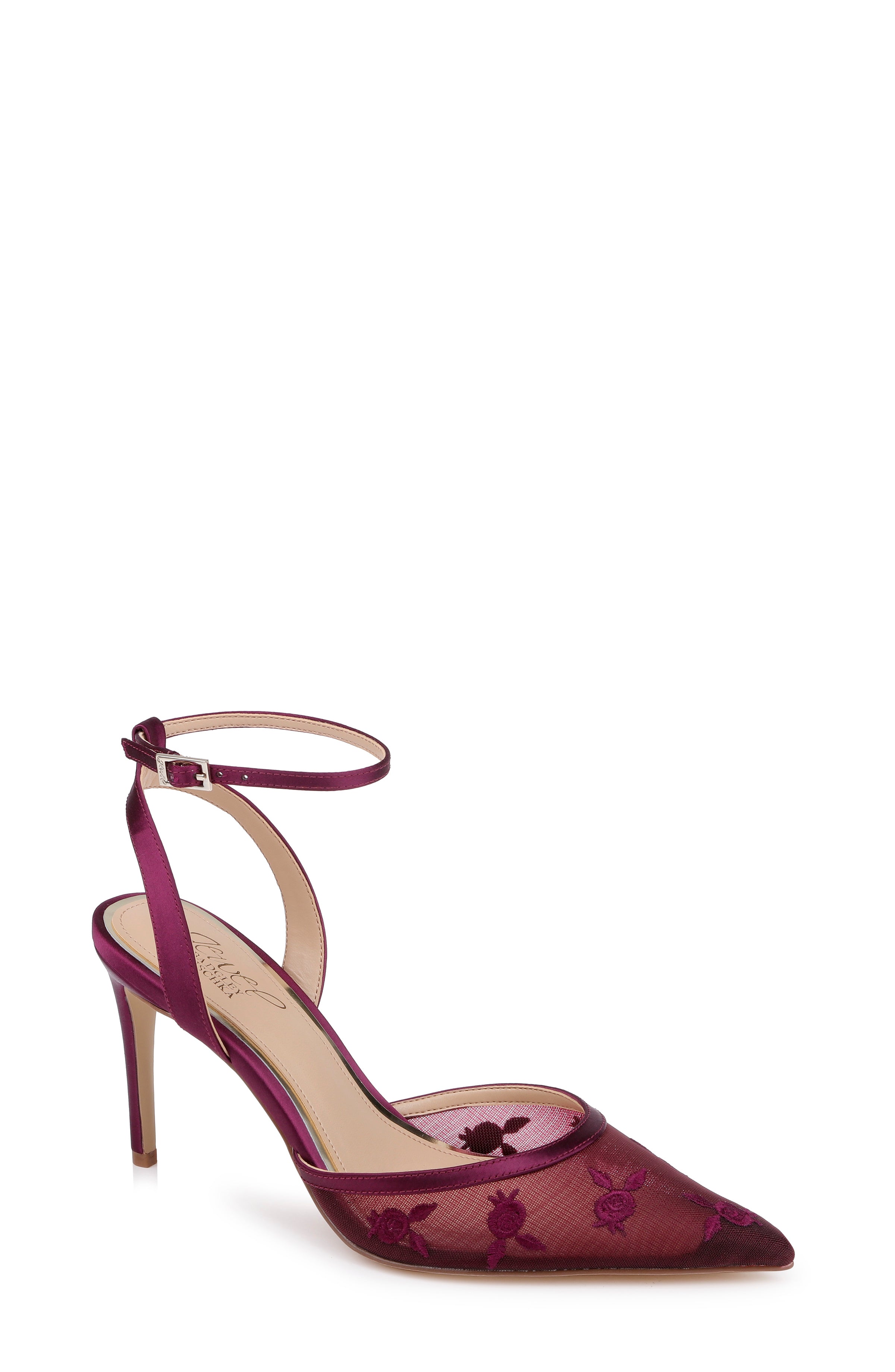 Wine Satin | Zaida Pointed Toe Ankle Strap Pump Front Side