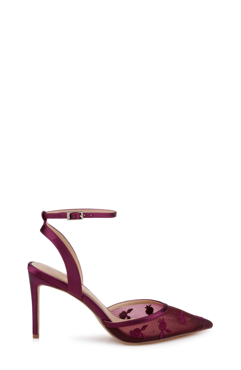 Wine Satin | Zaida Pointed Toe Ankle Strap Pump Side