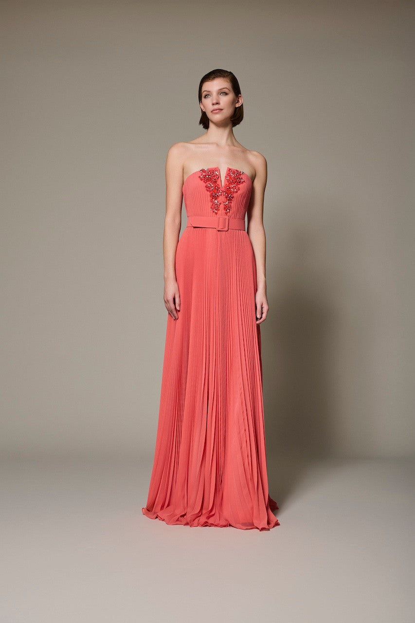 Strapless Coral Pleated Gown with Beaded Bodice by Badgley Mischka Strapless Coral Pleated Gown with Beaded Bodice by Badgley Mischka