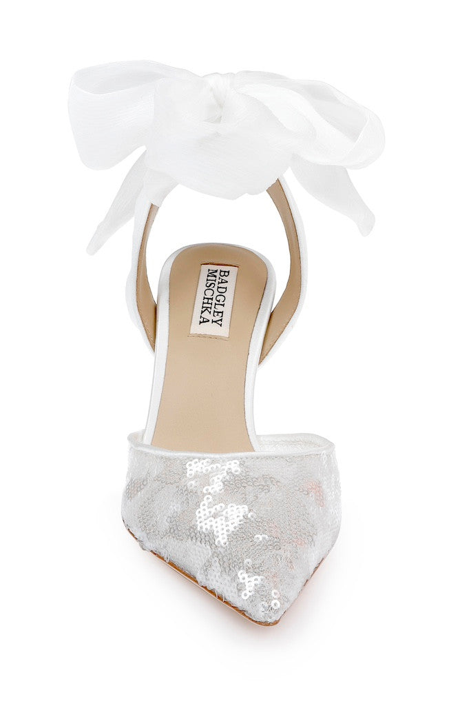 White Sequins | Blaze II Satin Ankle Wrap Stiletto Pumps Front