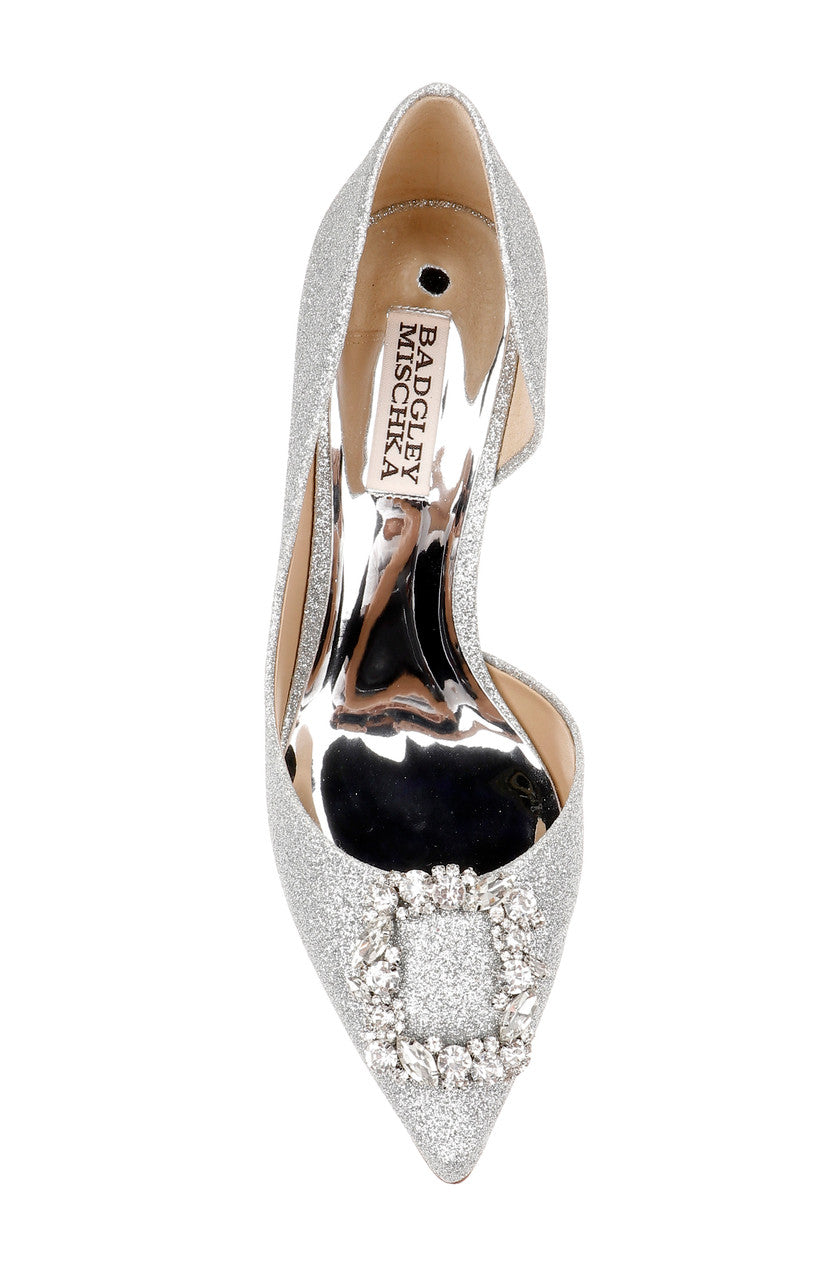 Silver Textile | Fabia II Kitten Heels with Crystal Buckle Top