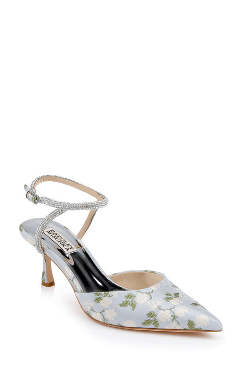 Mist Blue Fabric | Autumn Ankle Strap Kitten Heel Pumps