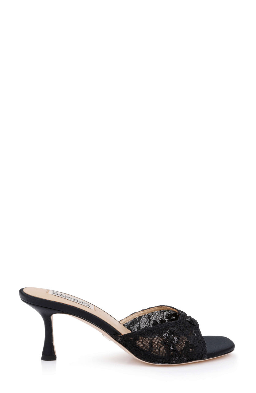 Black Satin | Draya Open Toe Mid Heel Mules Side
