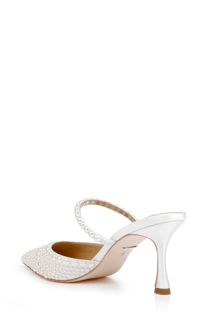 White | Duchess Pointed Toe Pearl Heeled Mules Back Side