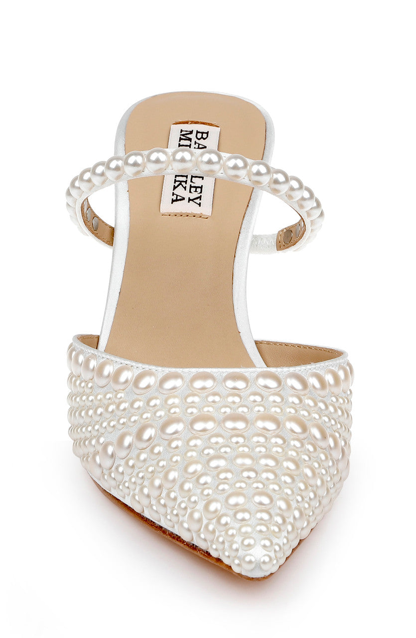 White | Duchess Pointed Toe Pearl Heeled Mules Front