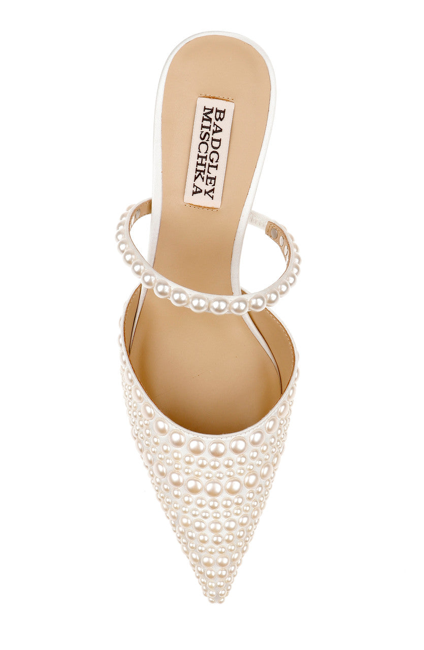 White | Duchess Pointed Toe Pearl Heeled Mules Top