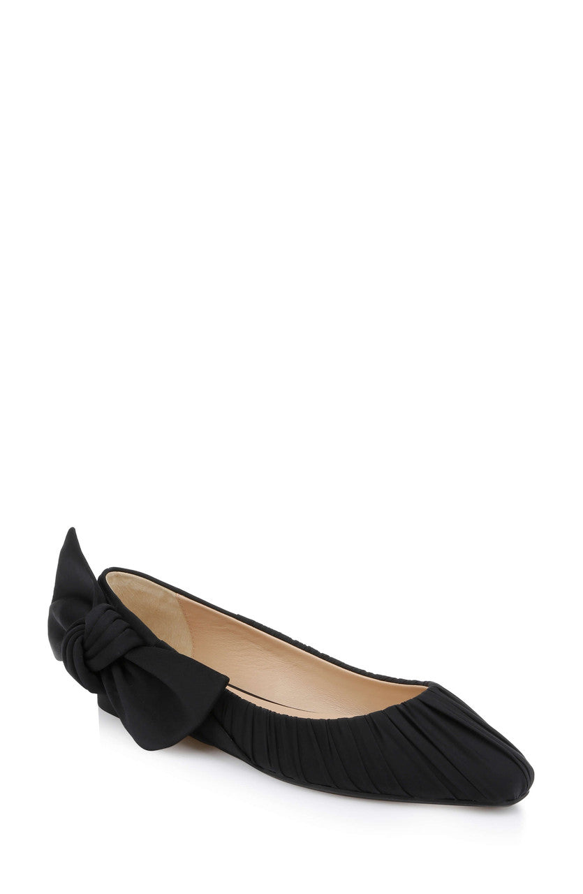 Black Fabric | Vayln Ruched Ballet Flats with Oversized Bow Front Side