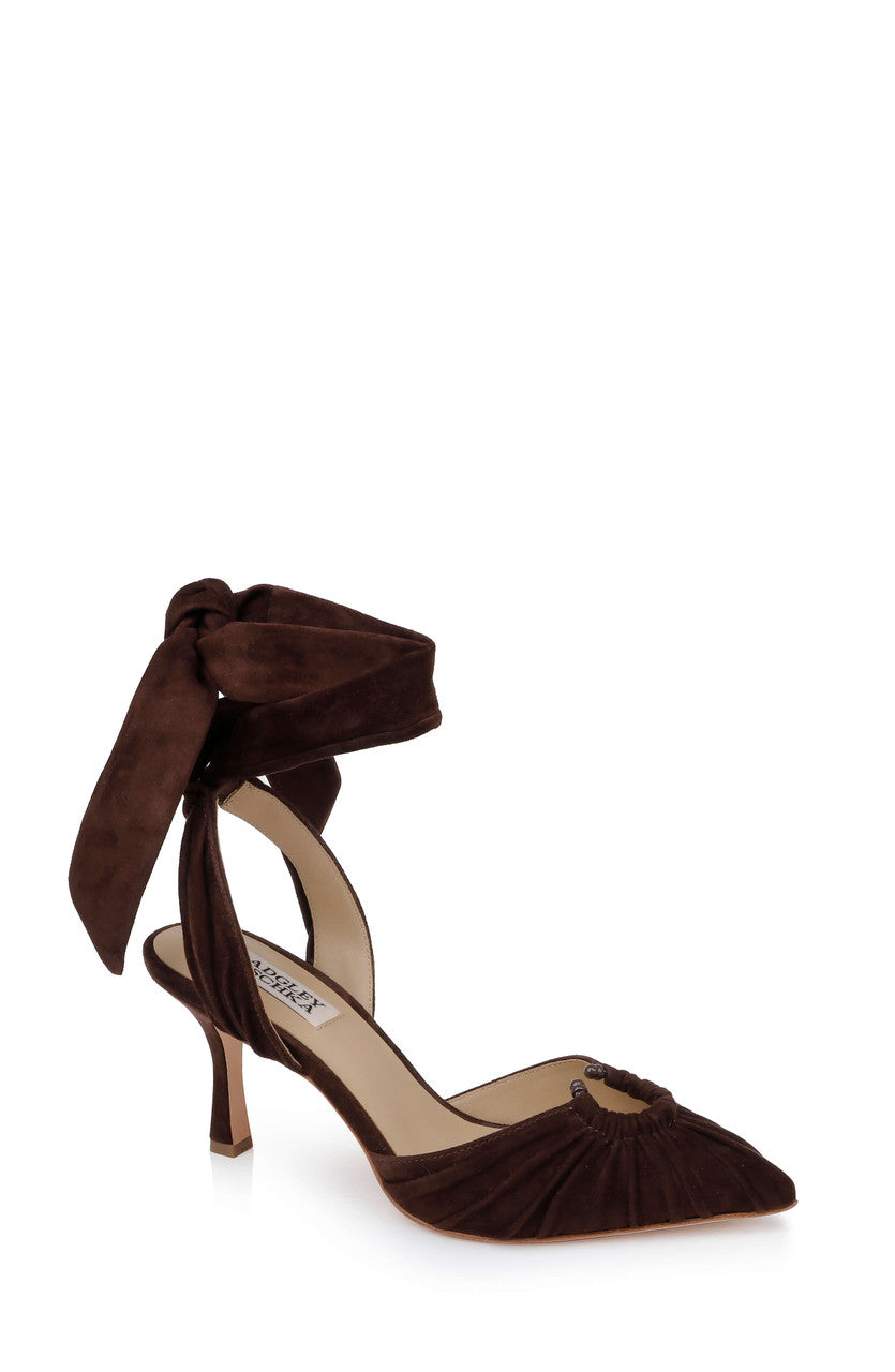 Coffee Suede | Vania II Suede Ankle Tie Pumps Front Side