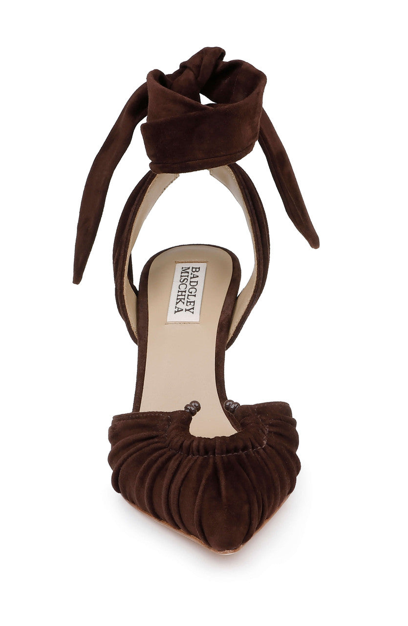Coffee Suede | Vania II Suede Ankle Tie Pumps Front