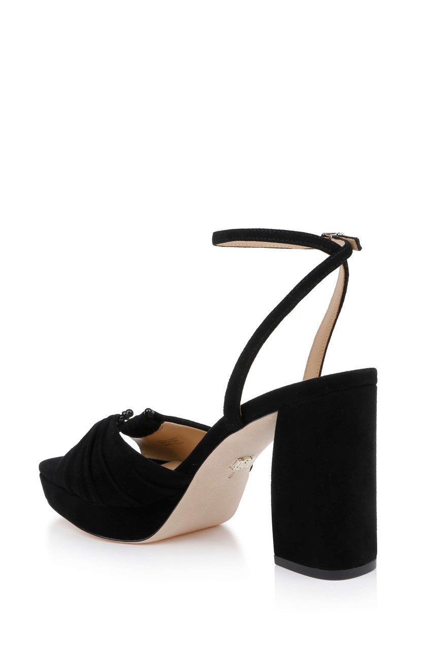 Black Suede | Veda Platform Block Heel Sandal with Ankle Strap Back Side
