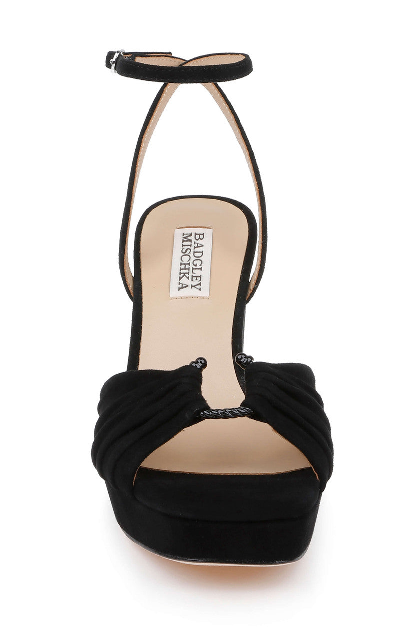 Black Suede | Veda Platform Block Heel Sandal with Ankle Strap Front