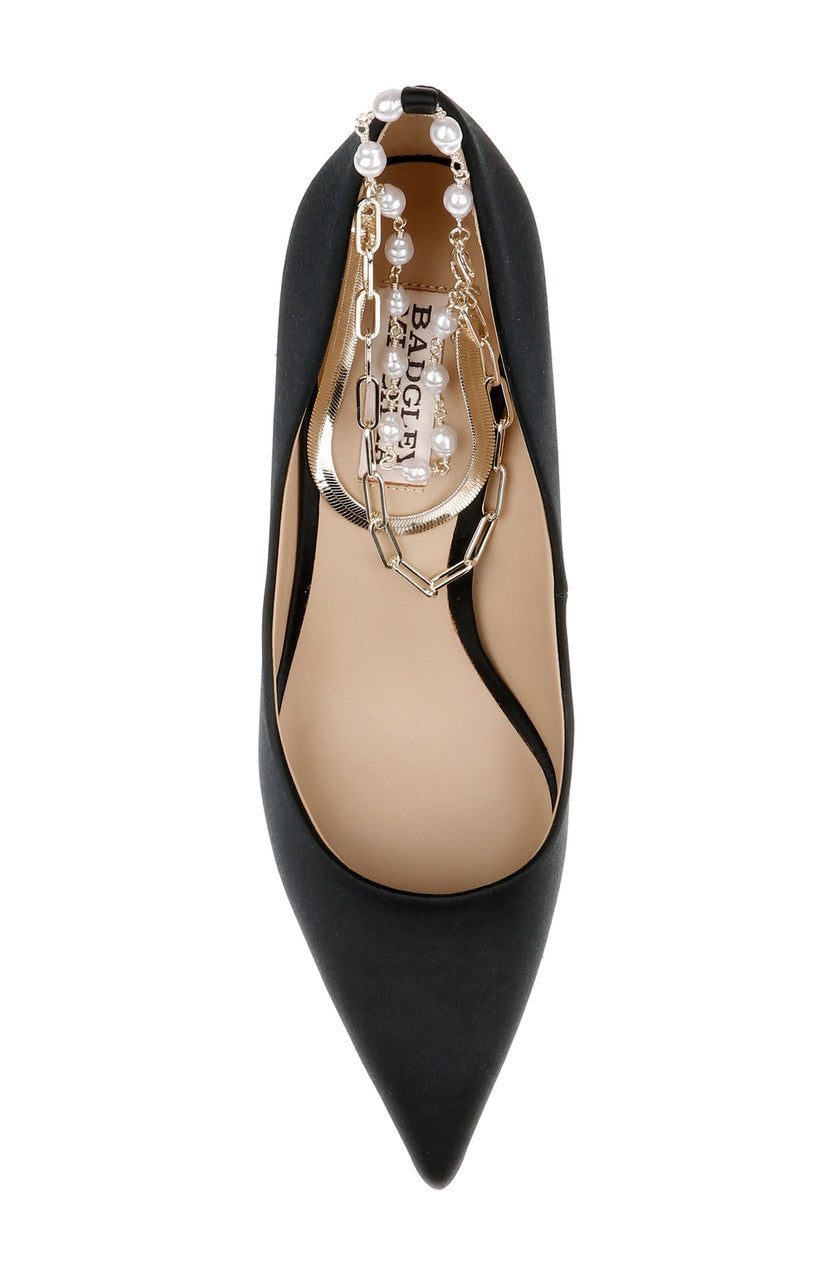 Black | Verna Satin Pointed Toe Pumps with Pearl Chain Ankle Strap Top