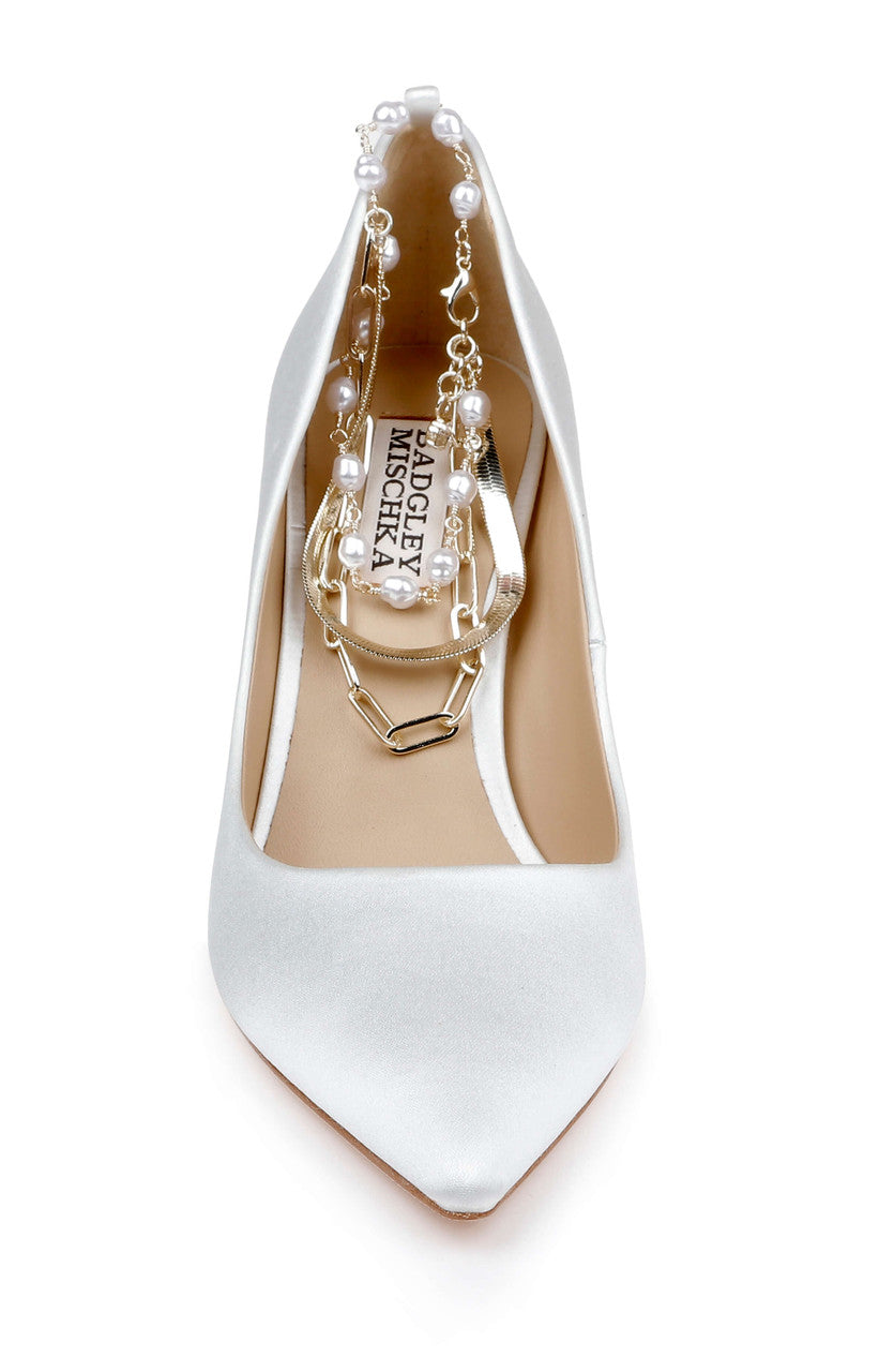Verna Satin Pointed Toe Pumps with Pearl Chain Ankle Strap by
