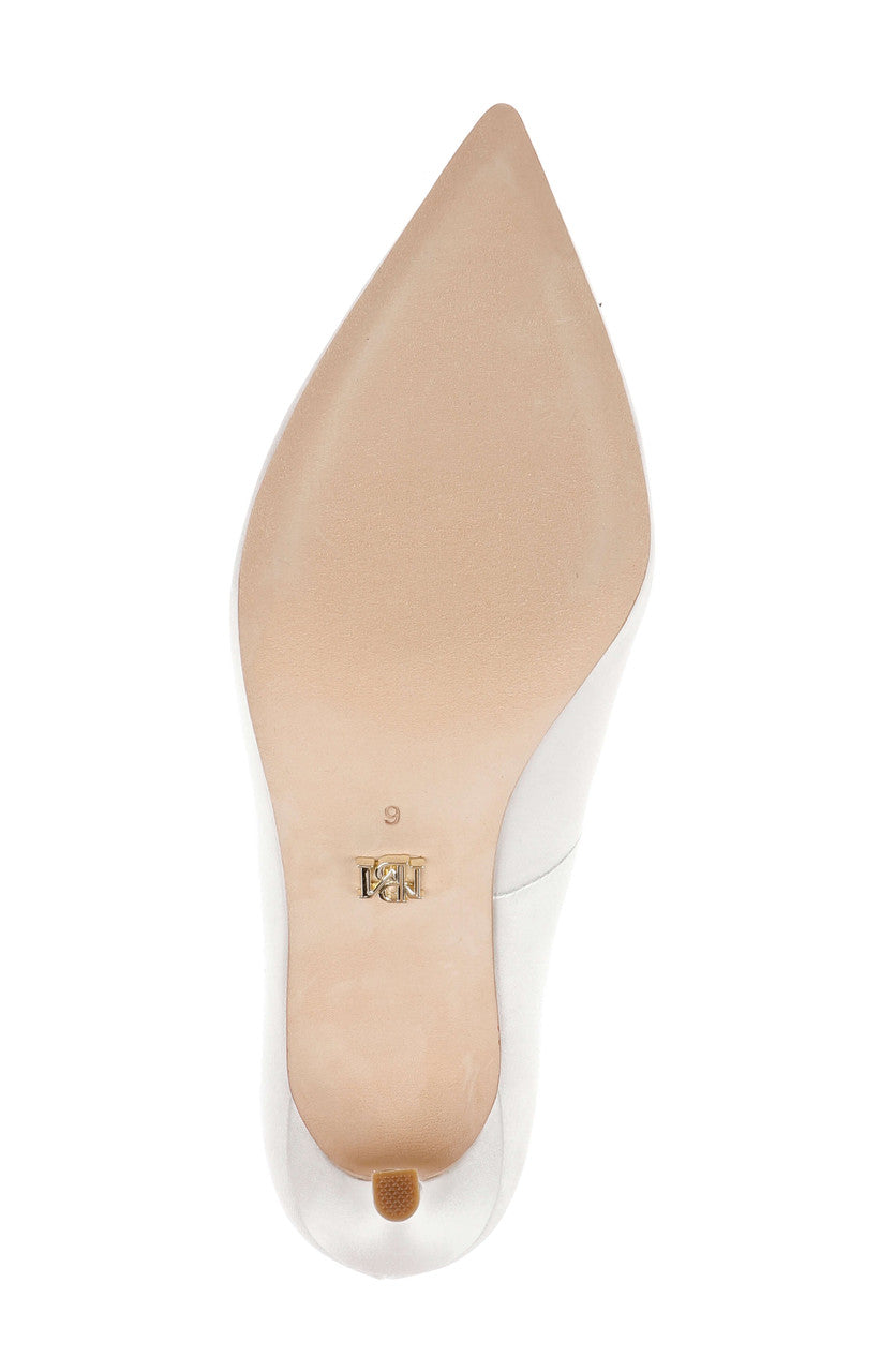 Verna Satin Pointed Toe Pumps with Pearl Chain Ankle Strap by