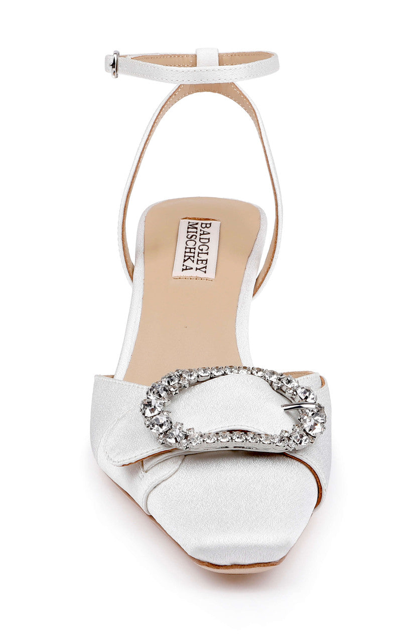 White Crepe | Odesza Ankle Strap Pump Front