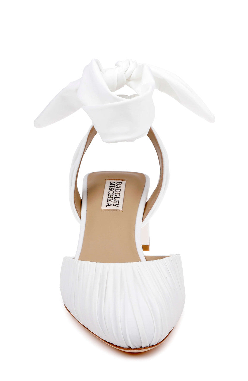 White Fabric | Ofelia Ruched Ankle-Wrap Block Heel Front