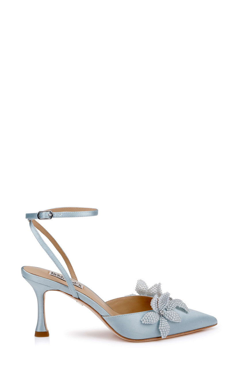 Mist Blue Satin | Whitman Pointed Toe Ankle Strap Pump Side