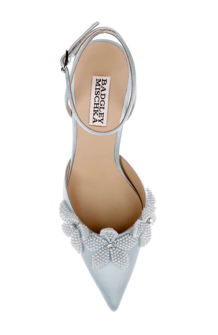 Mist Blue Satin | Whitman Pointed Toe Ankle Strap Pump Top