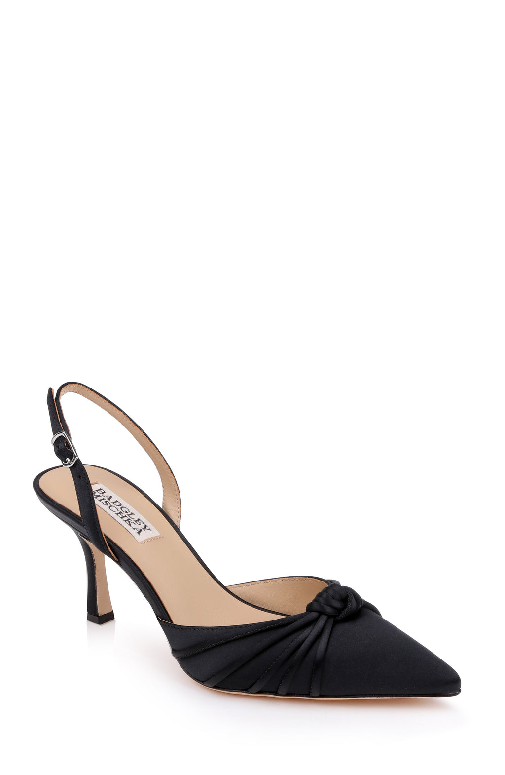 Black Satin | Yena Pointed Toe Slingback Pump Front Side