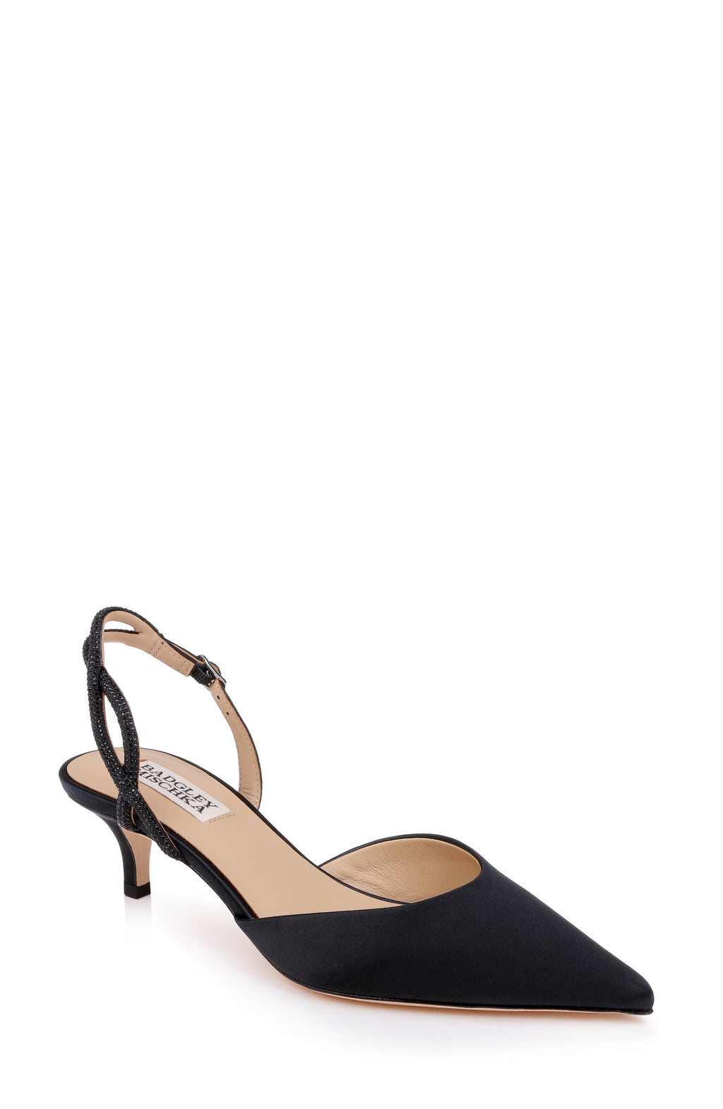 Black Satin | Yulianna Kitten Heel Slingback Pump Front Side