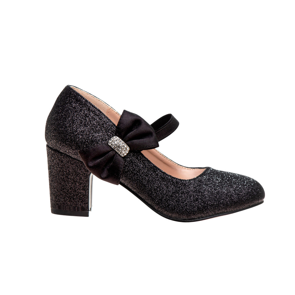 Badgley Mischka Girls Silver Glitter Bow Block Heel Dress Shoes 4 Kids