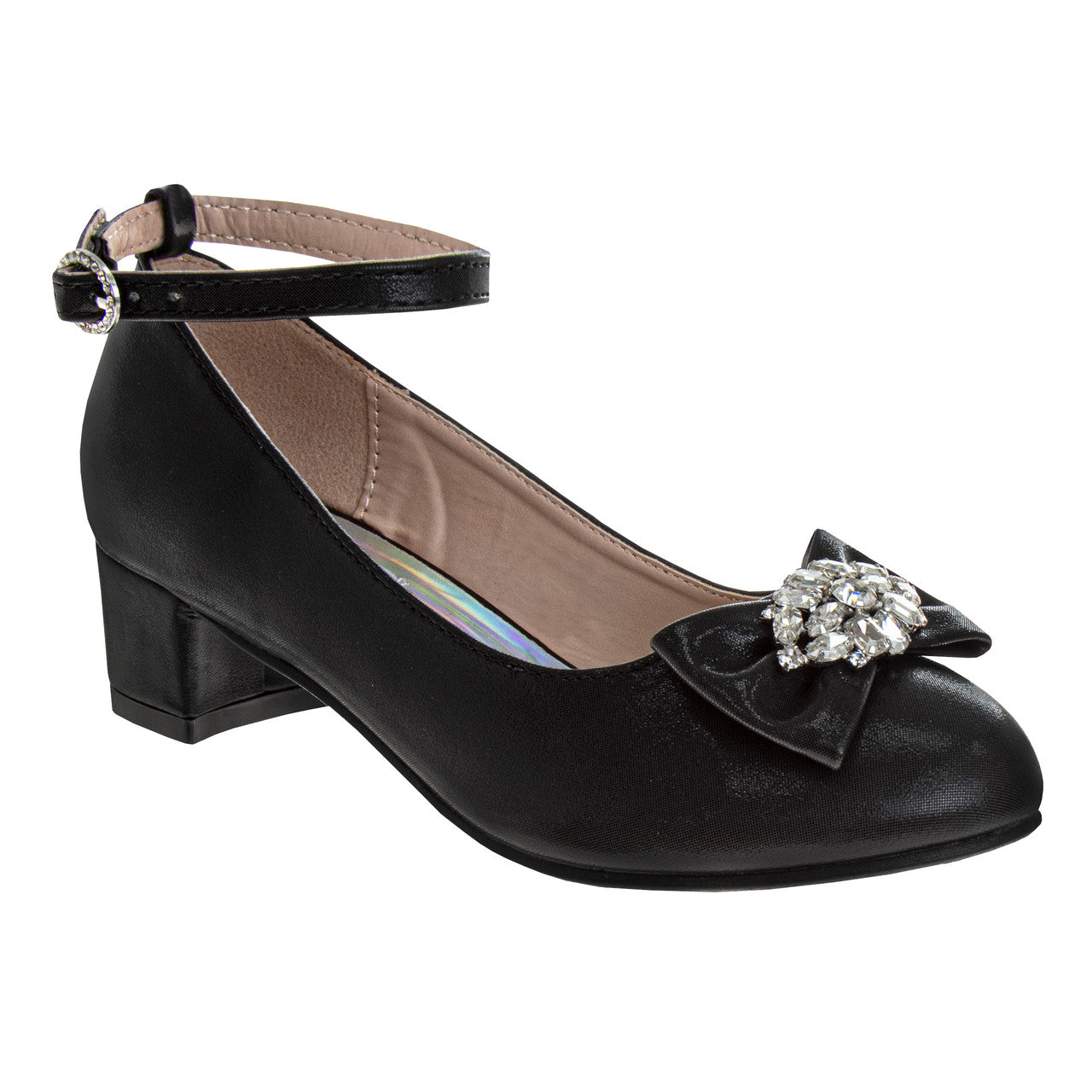 Black | Girls' Ankle Strap Dress Pumps Front Side