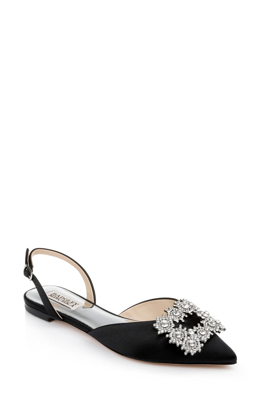 Black | Saga Crystal Buckle Pointed Toe Flat