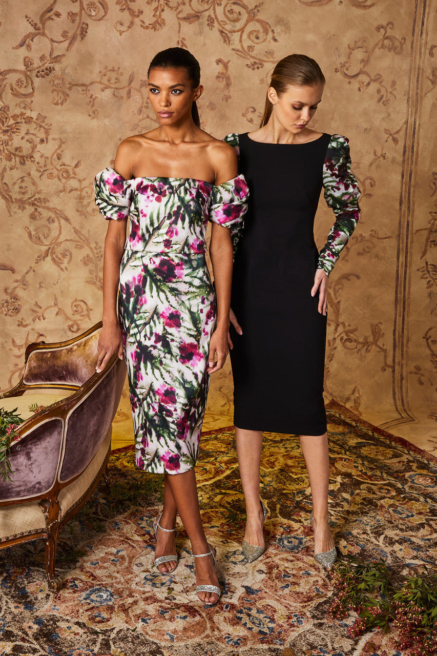 Lt Ivory/Raspberry | Floral Printed Twist Sleeve Cocktail