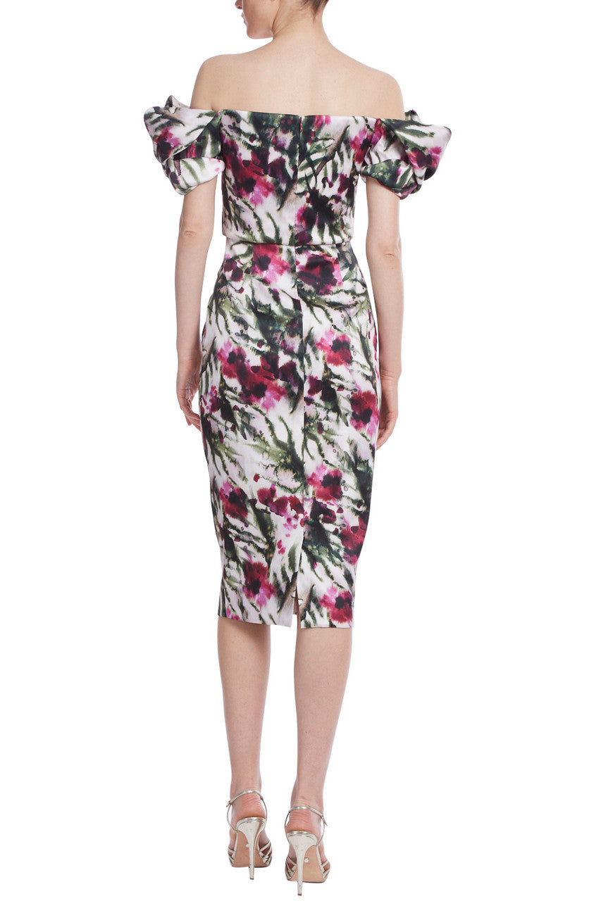 Lt Ivory/Raspberry | Floral Printed Twist Sleeve Cocktail
