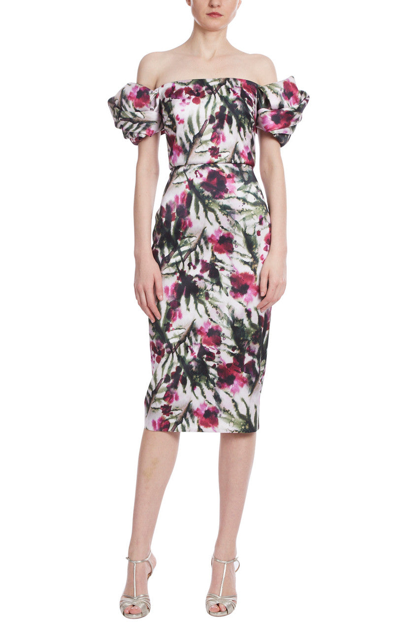 Lt Ivory/Raspberry | Floral Printed Twist Sleeve Cocktail