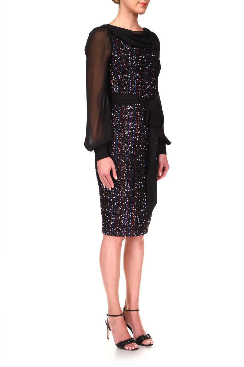 Black | Stripe and Sequin Cocktail Dress