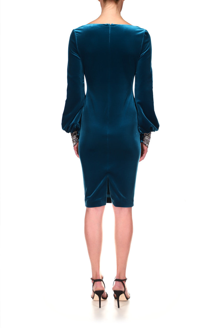 Peacock | Velvet Balloon-Sleeve Beaded Cuff Dress