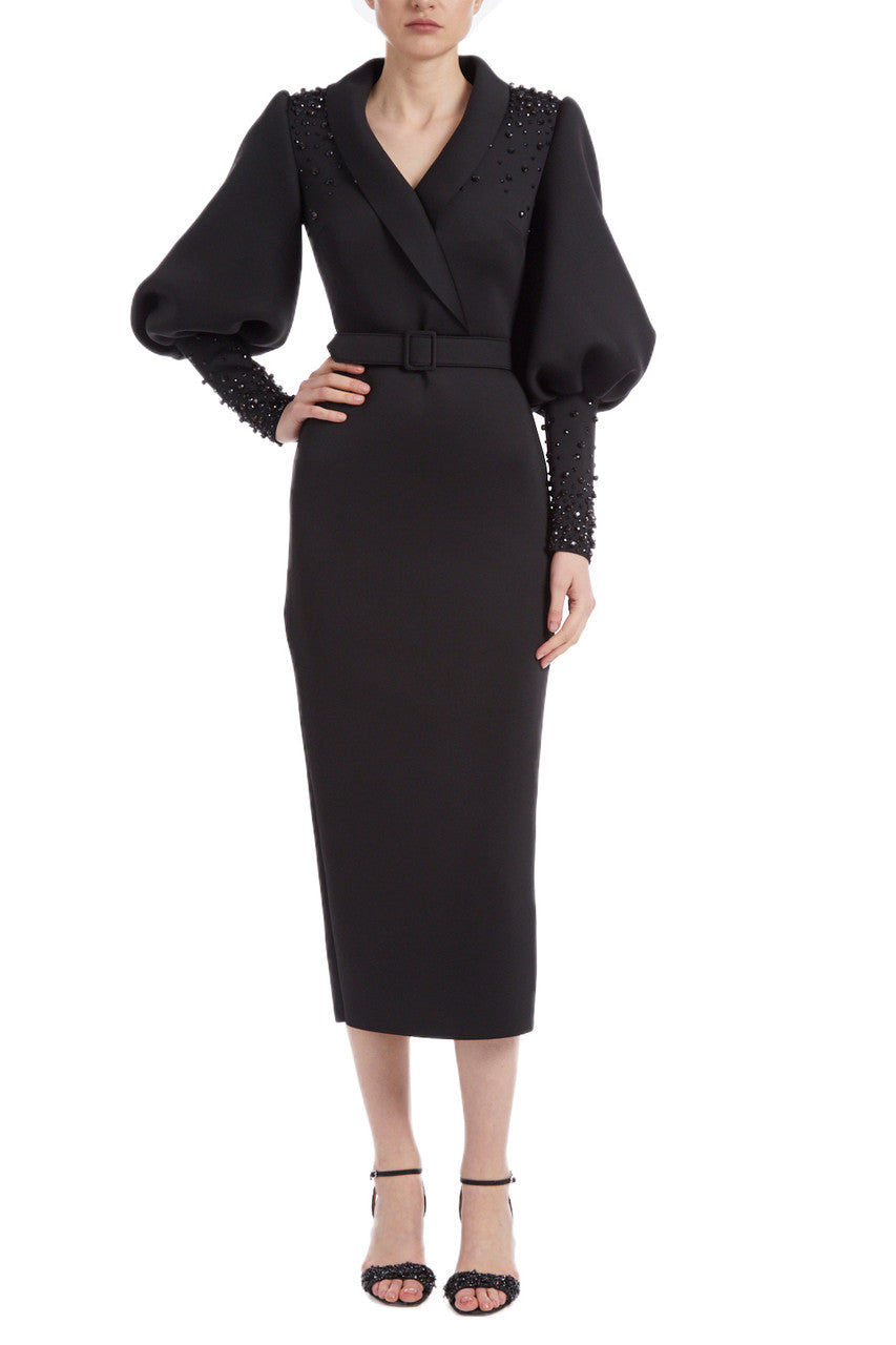 Black | Puff Sleeve Belted Cocktail Dress