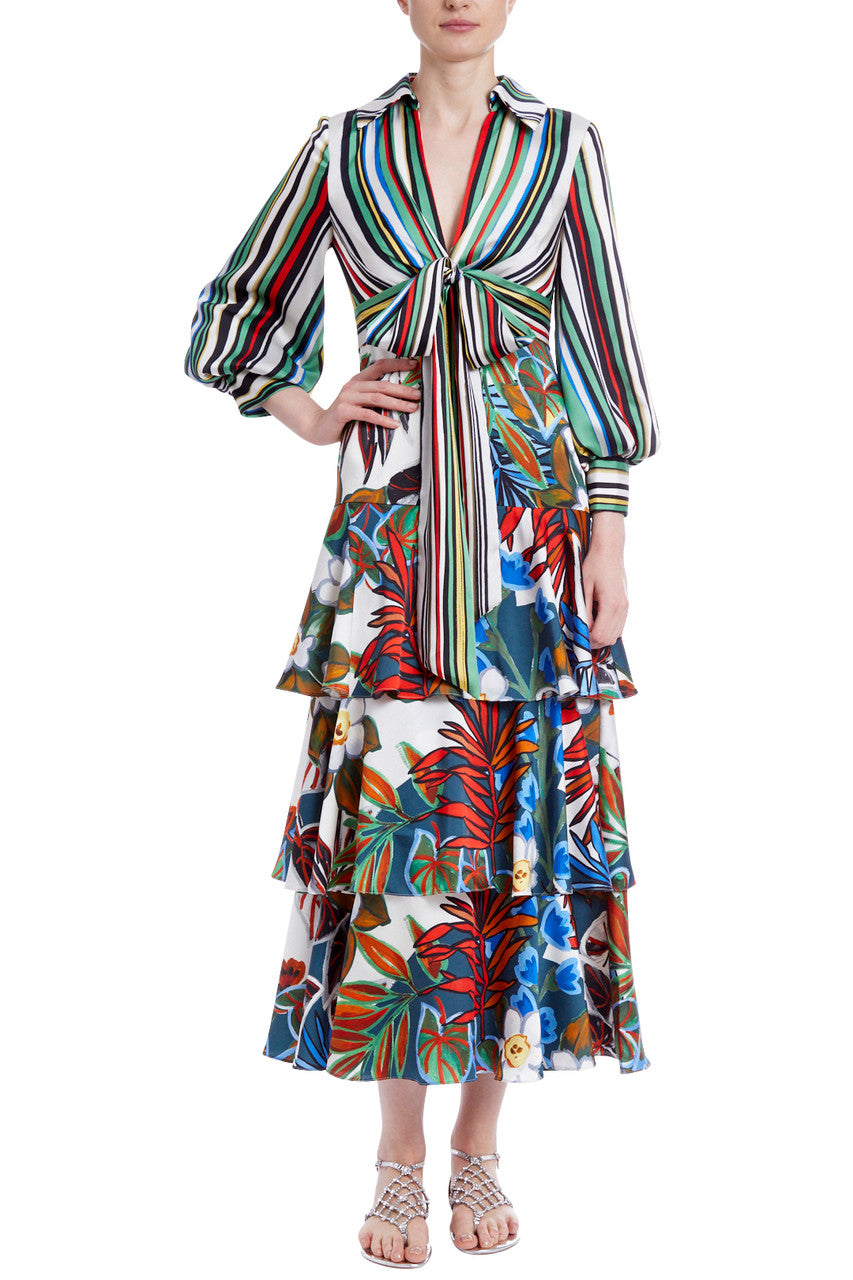 Blue Multi | Tiered Shirt Dress with Front Tie