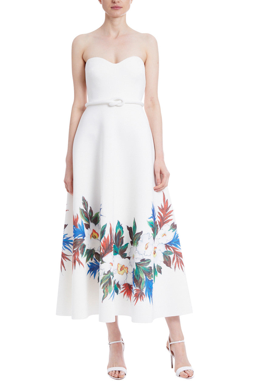 Light Ivory | Strapless Floral Print Dress with Belt