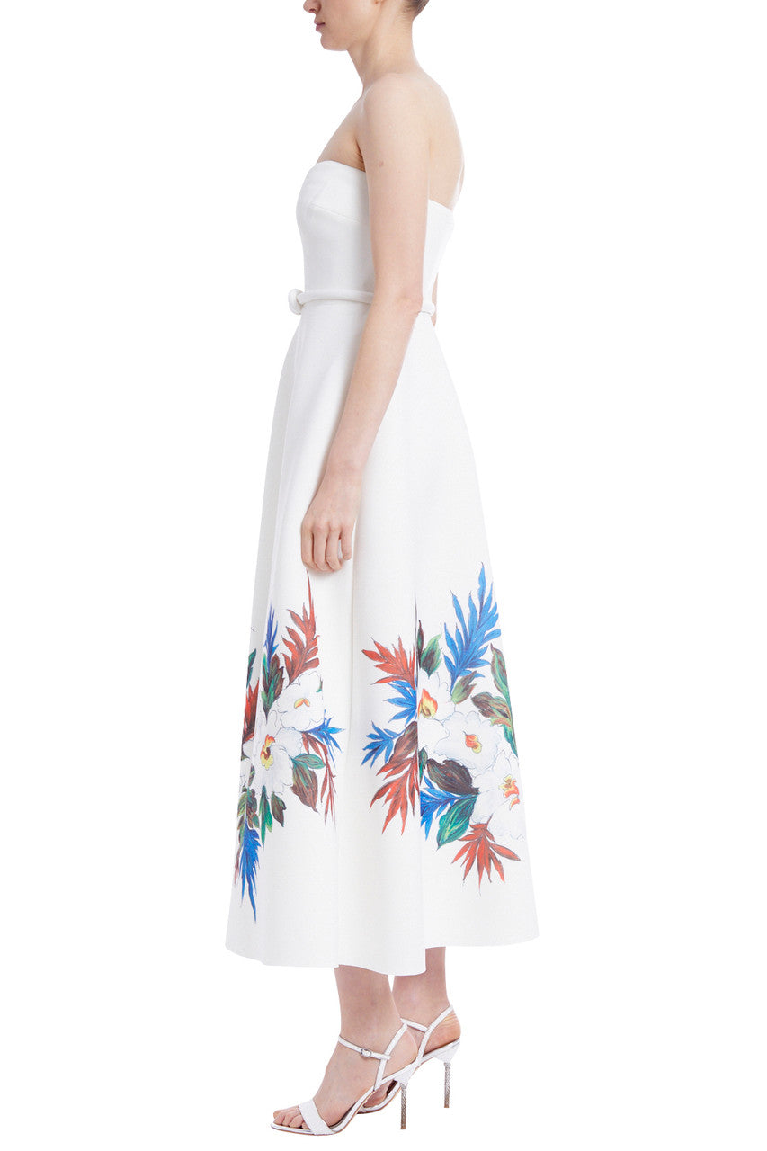 Light Ivory | Strapless Floral Print Dress with Belt