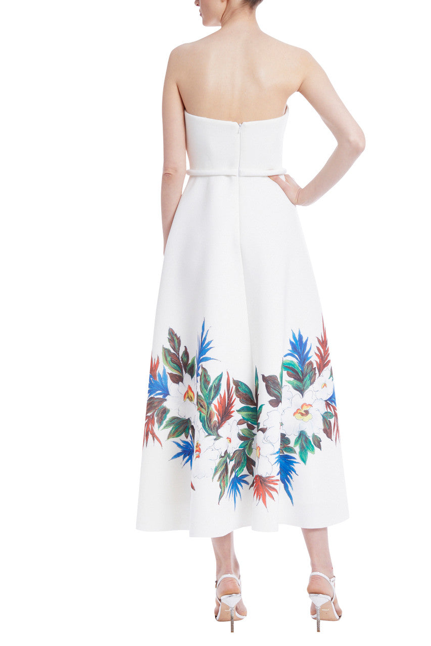 Light Ivory | Strapless Floral Print Dress with Belt