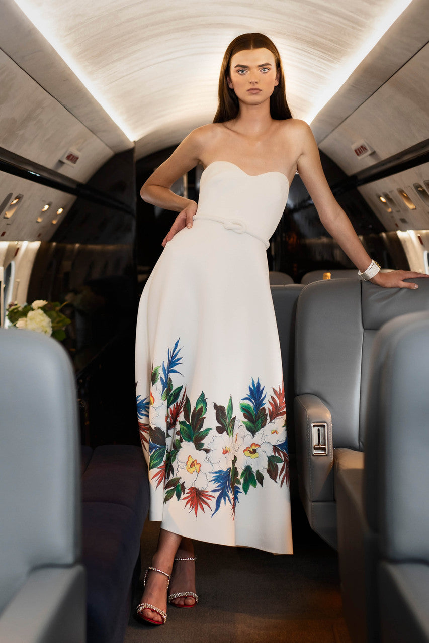 Light Ivory | Strapless Floral Print Dress with Belt