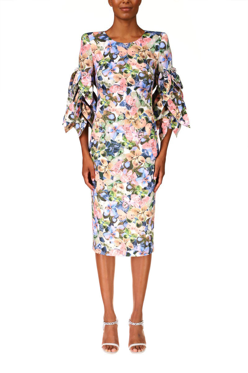Violet Multi | Floral Leaf-Sleeve Cocktail Dress