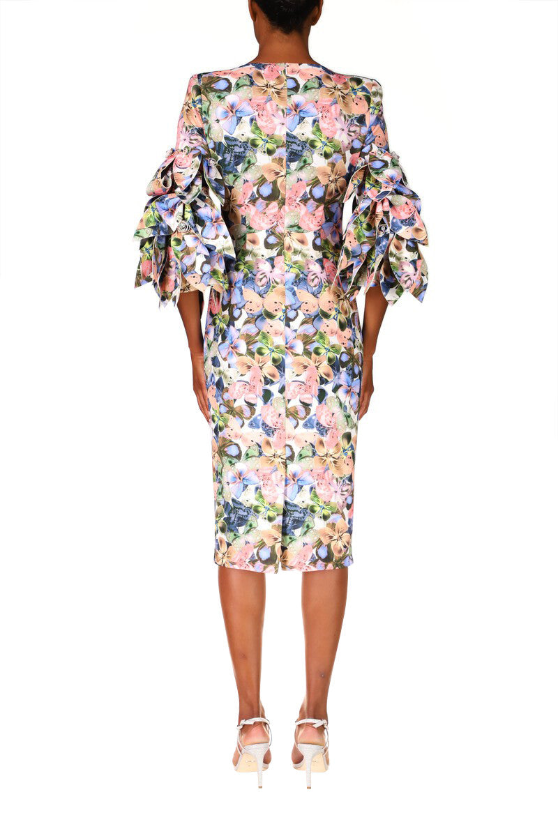 Violet Multi | Floral Leaf-Sleeve Cocktail Dress