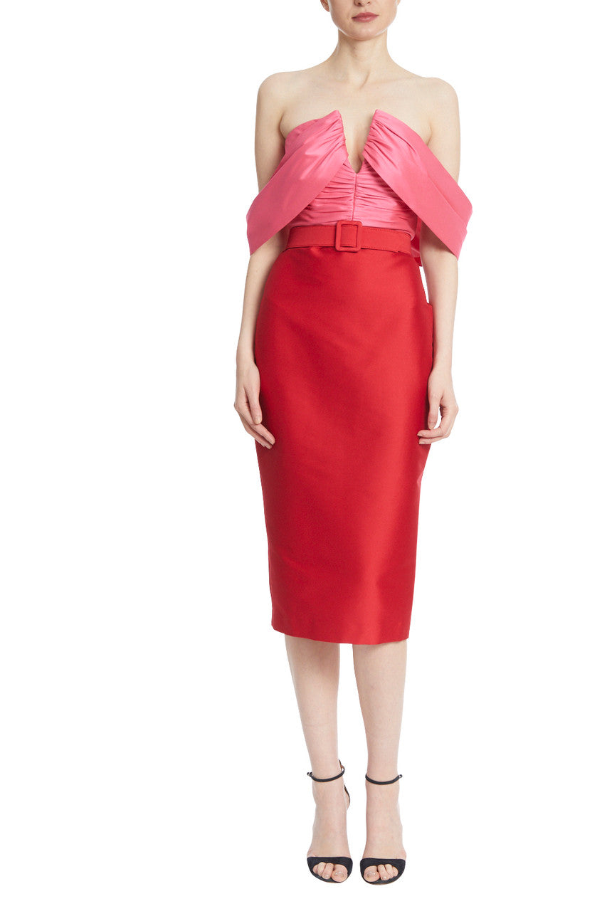 Red Fuchsia | Off-The-Shoulder, Two-Tone Dress